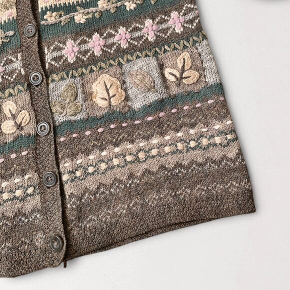 90s Cottagecore 100% Wool Embroidered Sweater Botanical Tyrolean Whimsical Sz M - Picture 4 of 8